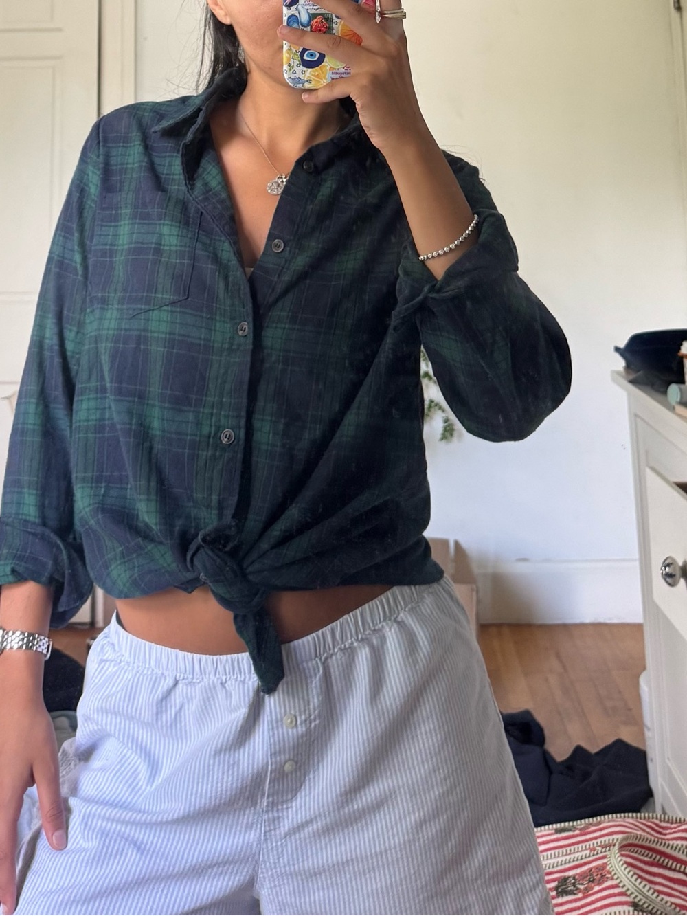 Green and black plaid Brandy Melville button-up shirt